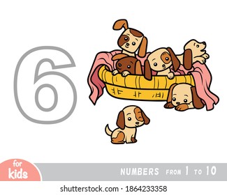 Educational poster for children about numbers. Digit six, six dog. Vector cartoon illustration. Learning counts for preschoolers