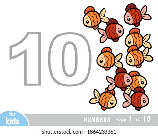 Educational poster for children about numbers. Digit ten, ten fish. Vector cartoon illustration. Learning counts for preschoolers