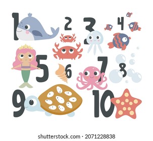 Educational poster for children about numbers from one to ten. Learning counts for preschoolers. Little mermaid and sea animals. All elements are isolated. Vector illustration.