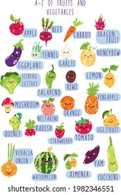 Educational poster for children. English ABC for children with cartoon vegetables and fruits. Vegetables and fruits alphabetically. The names of vegetables and fruits in English. Healthy lifestyly