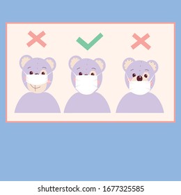 Educational poster for children. Illustration with a toy bear that showing  how to wear a protective mask.