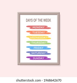 Educational poster of names of days of week on rainbow colors background. Cartoon flat style. Vector illustration