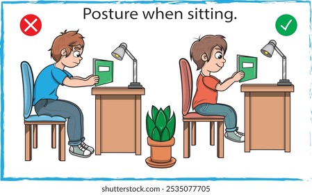 Educational poster where teaches the correct posture when sitting to study, cartoon style vector illustrations.