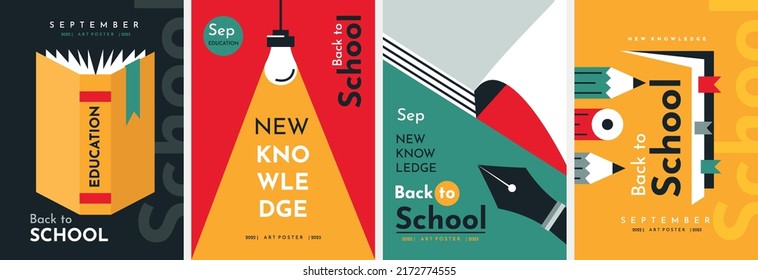 Educational posters. Back to School. Books, notebook, light bulb, fountain pen, pencils. Elements and objects on school themes, simple flat background.  - Shutterstock ID 2172774555