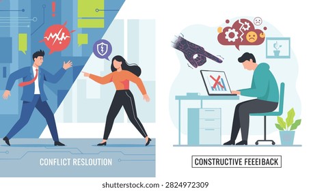 Educational posters explaining conflict resolution and constructive feedback inside a modern corporate office.
