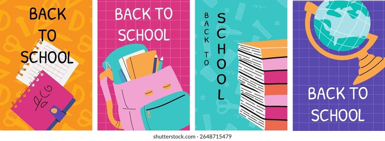 Educational posters with stationery. Modern designs with school supplies like books, notebooks, backpack, globe. Great for social media, banners, flyers and more.