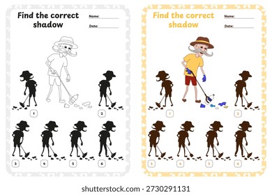 Conjunto de actividades educativas imprimibles para niños con un juego Find the Correct Shadow. El personaje principal es un anciano feliz, abuelo, voluntario recogiendo basura con una herramienta de recolección. El conjunto incluye dos páginas de Vector: una a todo color y una versión de contorno en blanco y negro adecuada para colorear. Perfecto para clases del Día de la Tierra, clases de ecología y jardín de infantes