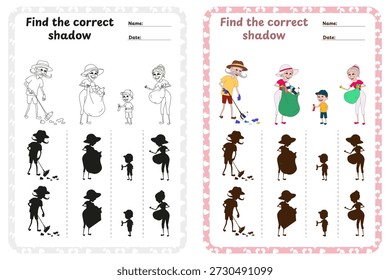 Planilha de atividades para impressão educacional para crianças com o teste Find the Correct Shadow. A planilha contém 4 quebra-cabeças lógicos separados com uma família de voluntários: avô, avó, mulher e menino. As linhas tracejadas verticais permitem que a folha seja cortada em cartões-relâmpago separados. Perfeito para aulas de Dia da Terra, aulas de ecologia e testes lógicos pré-escolares
