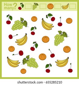 Educational printable card. Vector. Counting game for preschool children. A mathematical game for kids. Count how many items and write the result. Fruits and berries. Banana, grape, cherry and orange.