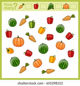 Educational printable card. Vector. Counting game for preschool children. A mathematical game for kids. Count how many items and write the result. Vegetables. Watermelon, paprika, carrot, pumpkin.