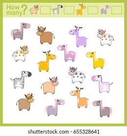 Educational printable card. Vector. Counting game for preschool children. A mathematical game for kids. Count how many items and write the result.