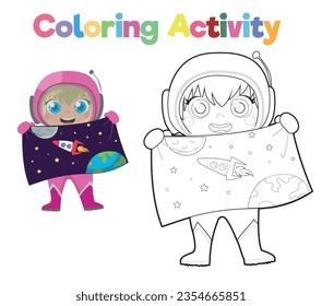 Educational printable coloring worksheet. Coloring activity for children with space exploration theme. Vector illustration file.