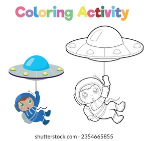 Hoja de trabajo de coloreado educativo imprimible. Actividades de coloración para niños con un tema de exploración espacial. Archivo de ilustración del vector.