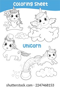 Educational printable coloring worksheet. Cute unicorn illustration. Vector outline for coloring page.