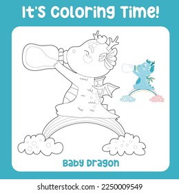 Educational printable coloring worksheet. Cute dragon illustration. Vector outline for coloring page.