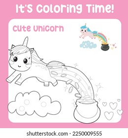 Educational printable coloring worksheet. Cute unicorn illustration. Vector outline for coloring page.