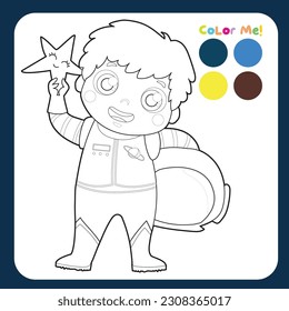 Educational printable coloring worksheet a cute astronaut boy with blue spacesuit holding a star. Coloring activity for children. Coloring page. Vector file.