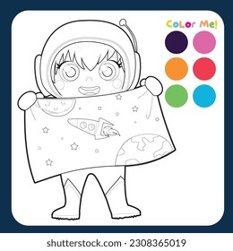 Educational printable coloring worksheet a cute astronaut boy with blue spacesuit holding a star. Coloring activity for children. Coloring page. Vector file.