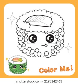 Hoja de trabajo de coloreado educativo imprimible. Comida japonesa divertida. Cocina asiática. Kawaii adorables colecciones de sushi con cara sonriente y mejillas rosas. Ilustración vectorial.