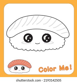 Educational printable coloring worksheet. Funny Japanese food. Asian cuisine. Kawaii cute sushi collections with smiling face and pink cheeks. Vector illustration.