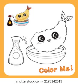 Educational printable coloring worksheet. Funny Japanese food. Asian cuisine. Kawaii cute sushi collections with smiling face and pink cheeks. Vector illustration.