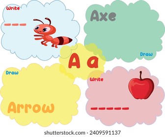 Educational Printable English Learning Alphabet Worksheet for Smart Kids. Write and draw a worksheet. Things that start with the letter A vector illustration
