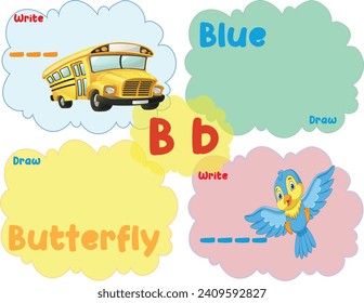 Educational Printable English Learning Alphabet Worksheet for Smart Kids. Write and draw an activity worksheet.Things that start with the letter B in a vector illustration
