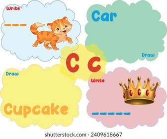 Hoja de trabajo didáctica imprimible en inglés para niños inteligentes. Escribir y dibujar una hoja de trabajo de actividad. Cosas que comienzan con la letra C en una ilustración vectorial
