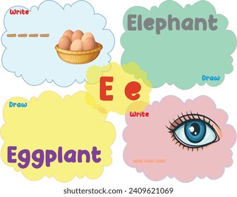 Educational Printable English Learning Alphabet Worksheet for Smart Kids. Write and draw an activity worksheet. Things that start with the letter E in a vector illustration
