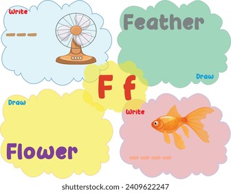 Hoja de trabajo didáctica imprimible en inglés para niños inteligentes. Escribir y dibujar una hoja de trabajo de actividad. Cosas que comienzan con la letra F en una ilustración vectorial
