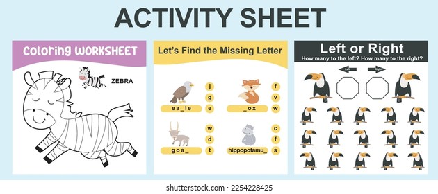 Educational printable worksheet. Activity sheet for children with animal theme. Coloring sheet, find the missing letter, counting left or right worksheet. Vector file.