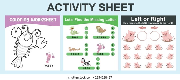 Educational printable worksheet. Activity sheet for children with animal theme. Coloring sheet, find the missing letter, counting left or right worksheet. Vector file.