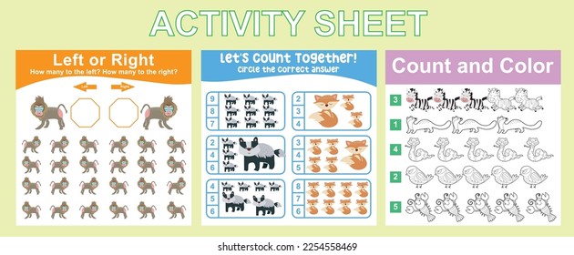 Educational printable worksheet. Activity sheet for children with animal theme. Counting how many the animal to the left or right, counting worksheet, matching words worksheet. Vector file.