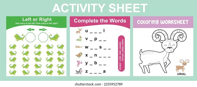 Educational printable worksheet. Activity sheet for children with animal theme. Coloring sheet, counting left or right animals, complete the words activity. Vector file.