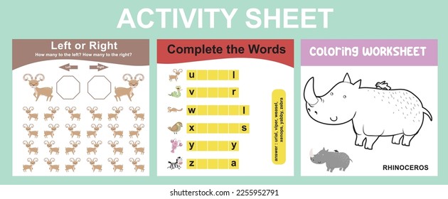 Educational printable worksheet. Activity sheet for children with animal theme. Coloring sheet, counting left or right animals, complete the words activity. Vector file.