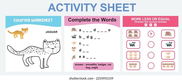Educational printable worksheet. Activity sheet for children with animal theme. Coloring sheet, complete the words, more or less activity. Vector file.