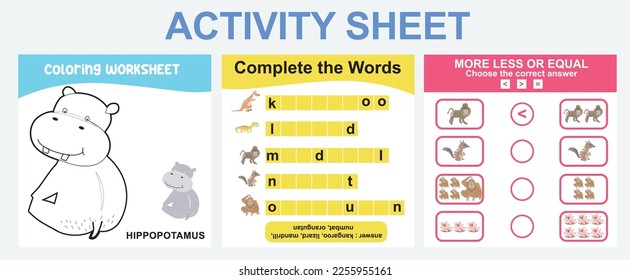 Educational printable worksheet. Activity sheet for children with animal theme. Coloring sheet, complete the words, more or less activity. Vector file.