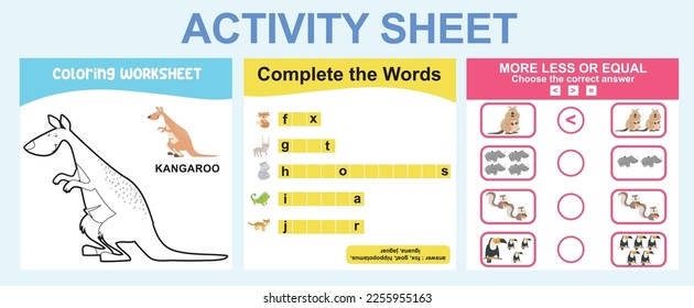 Educational printable worksheet. Activity sheet for children with animal theme. Coloring sheet, complete the words, more or less activity. Vector file.