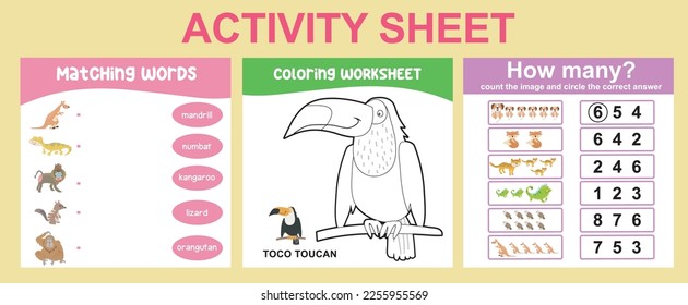 Educational printable worksheet. Activity sheet for children with animal theme. Coloring sheet, matching words, counting how many activity. Vector file.