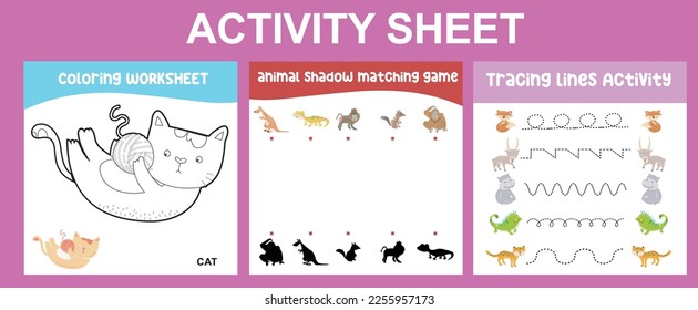 Educational printable worksheet. Activity sheet for children with animal theme. Coloring sheet, matching game, and tracing activity. Vector illustrations.