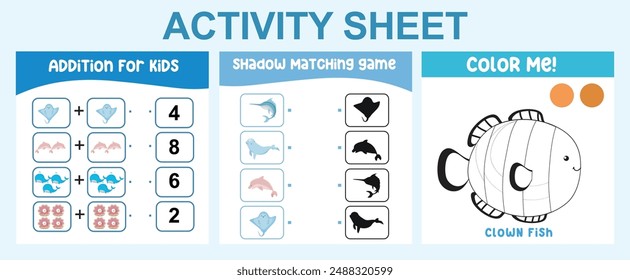 Educational printable worksheet. Activity sheet for children with sea animal theme. Mathematic counting, coloring page worksheet and shadow matching page.