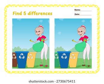 Planilha de impressão educacional para crianças com um quebra-cabeça visual Localizar 5 Diferenças. A ilustração vetorial mostra uma avó feliz ao lado de três lixeiras coloridas. Lição de ecologia sobre triagem de resíduos