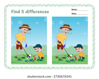 Planilha de impressão educacional para crianças com um quebra-cabeça visual Localizar 5 Diferenças. A ilustração vetorial mostra um avô e seu neto se voluntariando para limpar o lixo plástico em um parque ou floresta verde. Página de atividade de ecologia da natureza