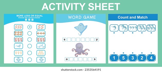 Educational printable worksheet. Mathematic counting, more less or equals worksheet. Count and match worksheet. Word game worksheet. Counting and writing activity. Vector illustrations.