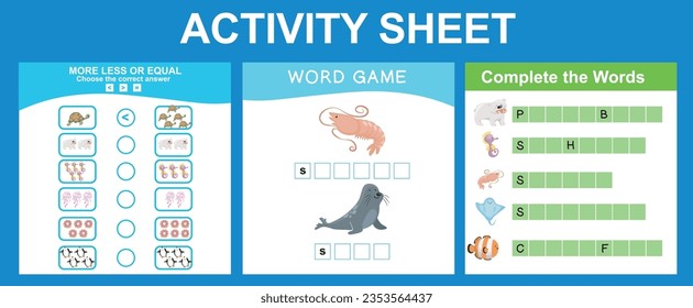 Educational printable worksheet. Mathematic counting, more less or equals worksheet. Word game and complete the words worksheet. Counting and writing activity. Vector illustrations.
