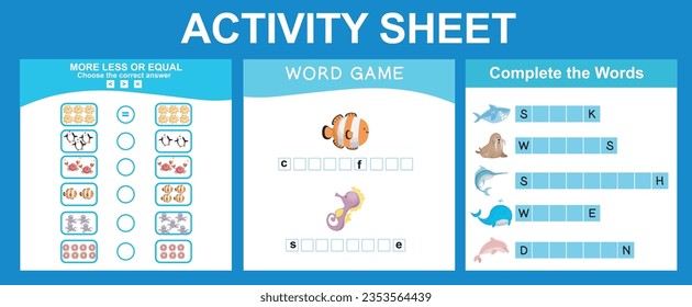 Educational printable worksheet. Mathematic counting, more less or equals worksheet. Word game and complete the words worksheet. Counting and writing activity. Vector illustrations.