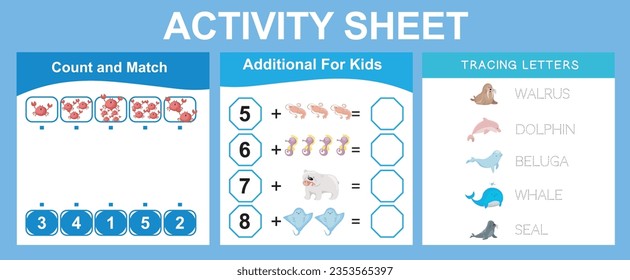 Educational printable worksheet. Mathematic counting, count and match worksheet. Counting and writing activity. Tracing letters. Tracing activity. Vector illustrations.