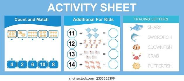 Educational printable worksheet. Mathematic counting, count and match worksheet. Counting and writing activity. Tracing letters. Tracing activity. Vector illustrations.