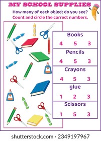 Educational Printable Worksheet: School Supplies for kids Count and circle 1-5 for kids. 