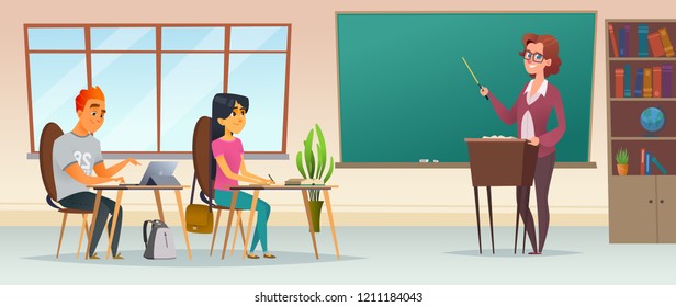 Educational process conceptual modern flat illustration. Pupils in the classroom. Young people listen to the teacher